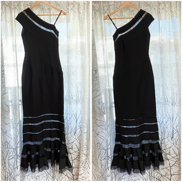 TADASHI SHOJI BLACK RIBBED ONE SHOULDER FLARE MERMAID BOTTOM DRESS GOWN - Picture 2 of 10